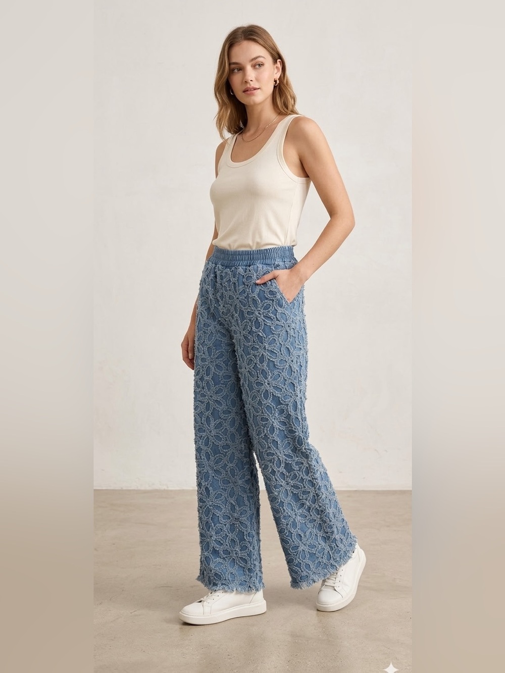 Women's Blue Lace-Overlay Wide Leg Jeans